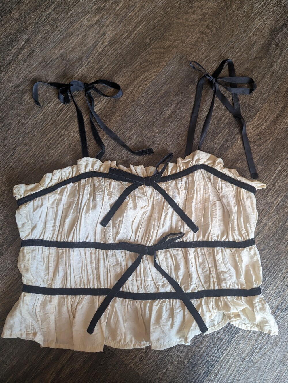 Tie-Shoulder  Smocked Cream Ruffle Camisole with Black Velvet Trim Small